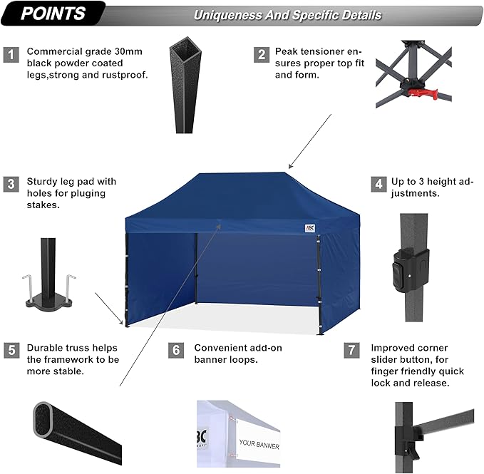 ABCCANOPY Heavy Duty Easy Pop up Canopy Tent with Sidewalls 10x15, Navy Blue