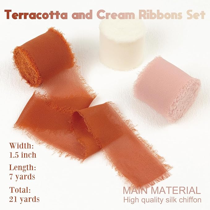 Terracotta Chiffon Ribbon 1.5 Inch x 21Yds Handmade Fringe Chiffon Silk Ribbon Dusty Pink/Cream Frayed Chiffon Ribbon for Thanksgiving Wedding Invitation Flower Bouquets Bridal Shower Gift Wrapping