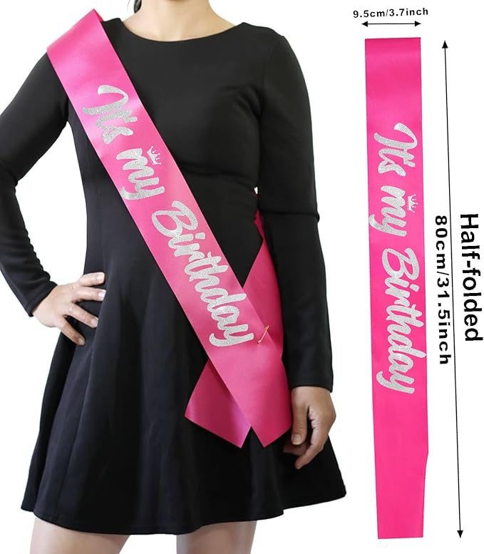 It's My Birthday Sash Hot Pink with Glitter Silver Letters Happy Birthday Sash for Women Girl Bday Gift Ideas Party Favors