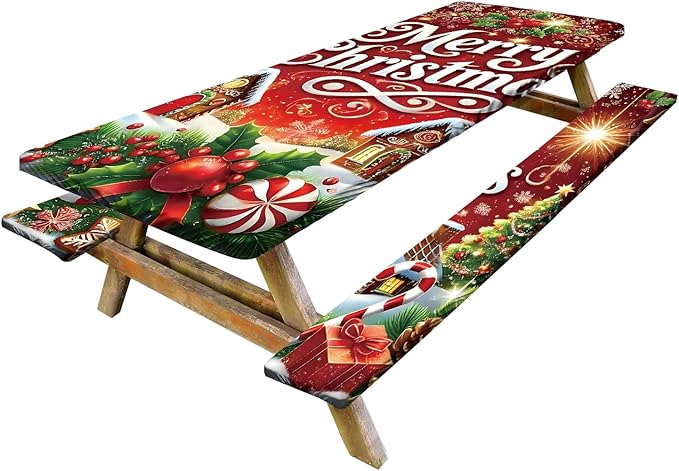 Picnic Table Cover with Bench Covers Set of 3, Elastic Fitted Tablecloth for 6 Foot Tables, Washable Polyester Tablecloths for Camping, Indoor & Outdoor