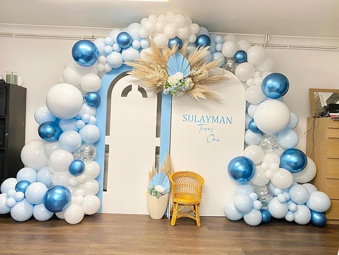 Blue and White Latex Balloons, 60pcs 12 Inches Metallic Blue and White Confetti Balloons with 1 Ribbon for Bridal Shower, Birthday, Baby Shower Party Decorations