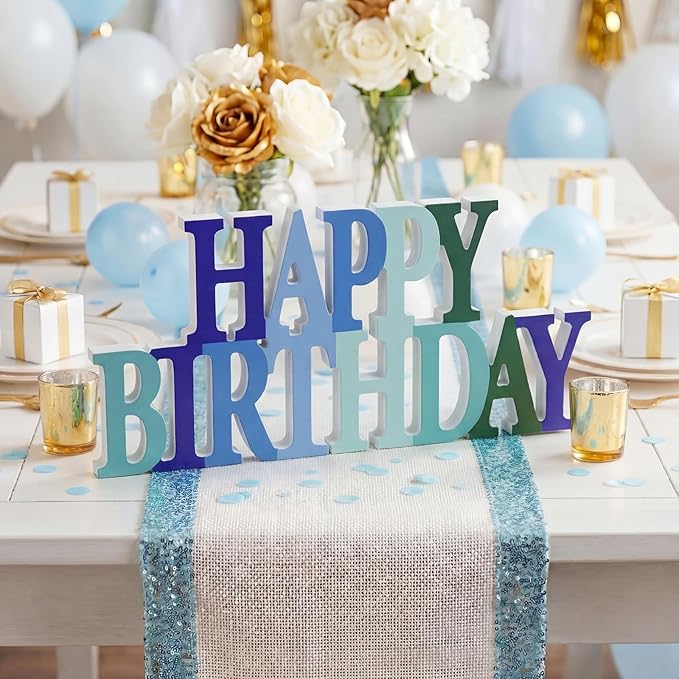 Novabright Happy Birthday Sign Centerpieces for Table Birthday Party Decorations for Women Bday Birthdays Themed Celebration Party Supplies(Blue and Green,Glitter)