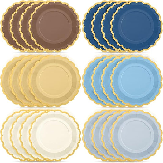 48 Pcs Blue Brown Paper Plates 9 Inch Gradient Scalloped Paper Plates Disposable Dinner Dessert for Birthday Wedding Bridal Party Supplies, 6 Colors