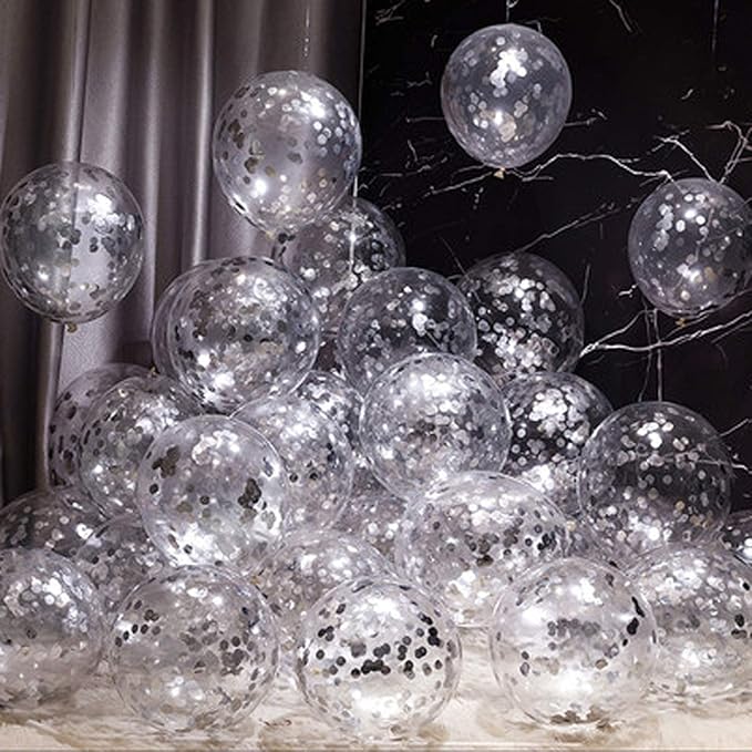 KIRIKOU Pack of 24 Pieces Confetti Balloons 12 Inch Latex Party Balloons for Party Decorations, Wedding, Engagement, Bridal, Birthday and Shower (Silver)