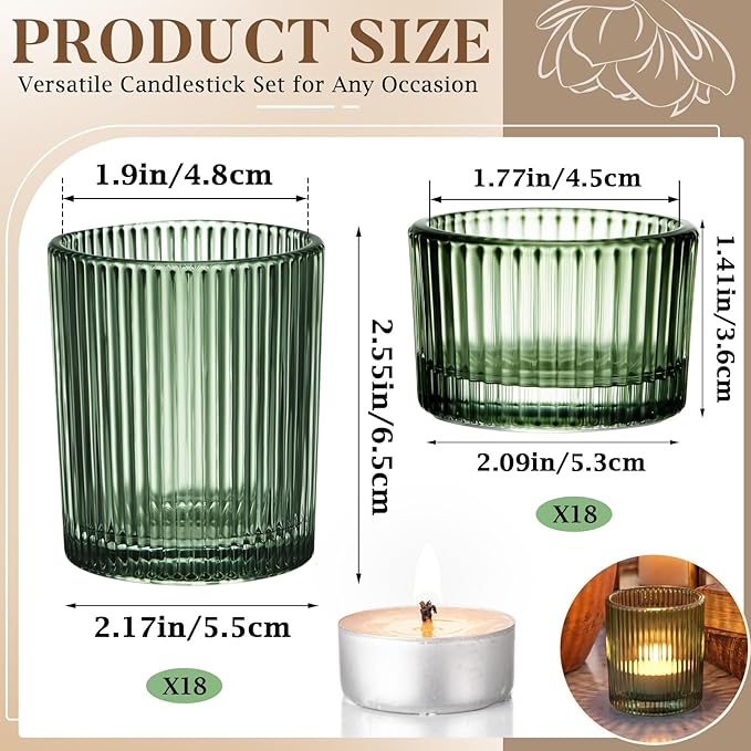 36 Pcs Vintage Green Ribbed Glass Tealight Holders Bulk, 18 Large & 18 Small Candle Holders for Christmas, Table Centerpieces, Wedding Decor, Birthday & Home Party Ambiance