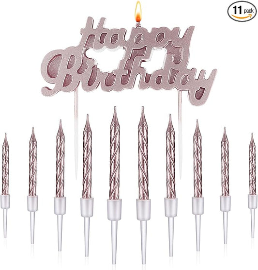 MTLEE Happy Birthday Candles Letter Cake Topper with 10 Pcs 2.95 Inch Short Thin Spiral Candles for Cake Topper Birthday Decoration Party Supplies(Rose Gold)