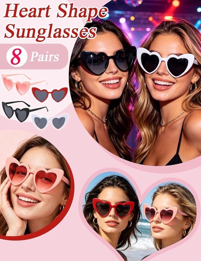 8 Pack Heart Sunglasses Vintage Cat Eye Heart Glasses Retro Bachelorette Bride Sunglasses Bulk for Women