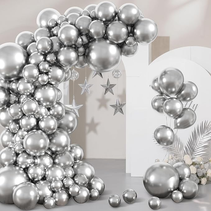 Amandir 153pcs Metallic Silver Balloons Arch Garland Kit Different Sizes 18 12 10 5 Inch Latex Chrome Silver Balloon Birthday Wedding Bachelorette Disco New Year Holiday Party Decorations