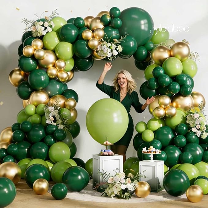 Green Balloons Arch Kit 155Pcs Different Sizes of 18 10 5 Inch Latex Dark Light Green Metallic Gold Balloon Garland for Birthday Anniversary Graduation Jungle Party Decorations