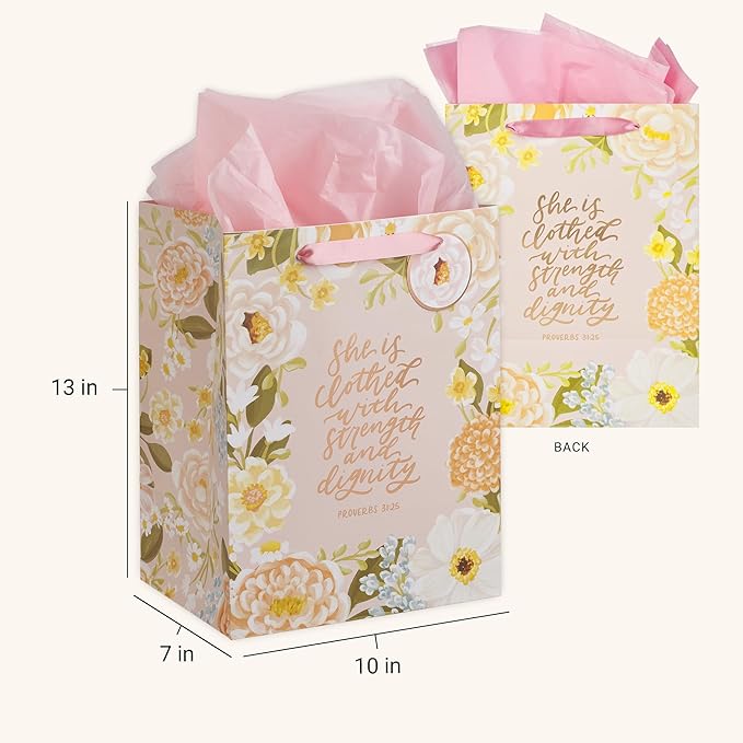 Christian Art Gifts Large Portrait Inspirational Scripture Gift Bag, Tag & Wrapping Tissue Paper Set for Women: Strength & Dignity Encouraging Bible Verse, Satin Ribbon Handles, Pink Multicolor Floral