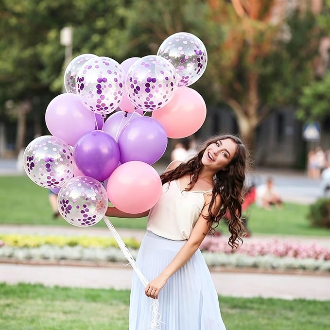 Pink and Purple Balloons Metallic Purple Balloon, 60 Pcs 12 Inch Latex Confetti Metallic Balloons with 1 Ribbon, Lavender Balloon for Birthday Wedding Baby Shower Bridal Shower Party Decorations