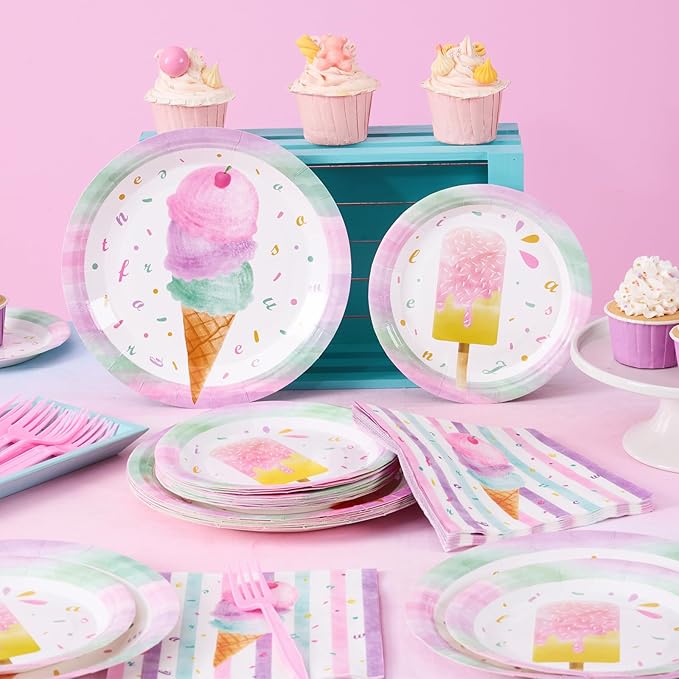WERNNSAI Ice Cream Party Supplies - 96 PCS Ice Cream Plates Napkins and Forks Pink Popsicle Themed Party Tableware Decorations for Girls Birthday Pool Summer Baby Shower Serves 24 Guests