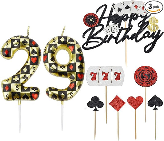 Casino Birthday Number Candles for Cake, Poker Birthday Candles for Casino Themed Birthday Party Decoration, Glitter Casino Birthday Cake Topper for Casino Night Theme Birthday Cake(Number 29 & 92)