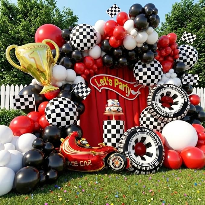 Race Car Balloons Arch Kit -Trophy, Flags, Cars, Tire, Checkered, Wheels and Red Black White Balloon Garland Kit for Racing Car Theme Two Fast 2nd One Theme 1st Boy Birthday Party Decorations
