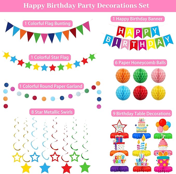 Colorful Happy Birthday Decorations Kit, Happy Birthday Banner Honeycomb Balls Centerpiece Metallic Hanging Swirls Circle Garland for Birthday Party Decorations