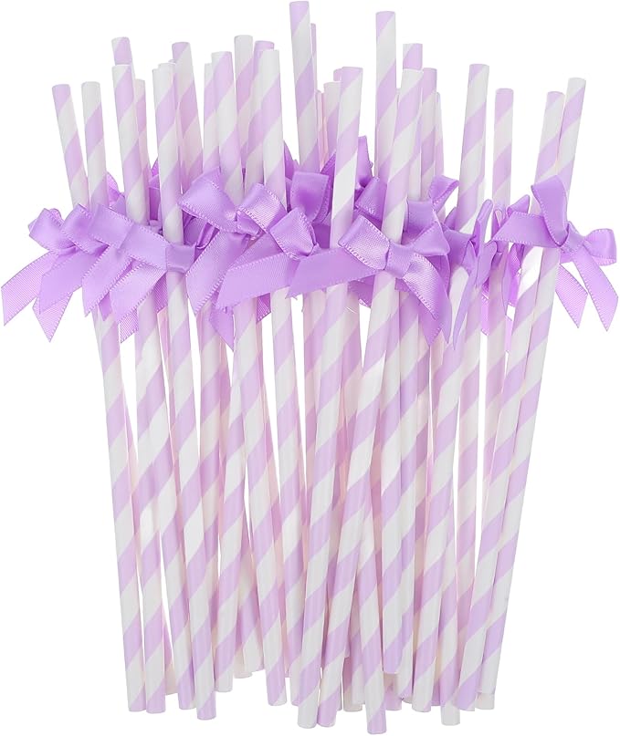 Gadpiparty Disposable Paper Straws with Purple Bow Tie Decorations 7.87 Inch Festive Decorative Straws for Birthday Wedding Baby Shower and Party Supplies