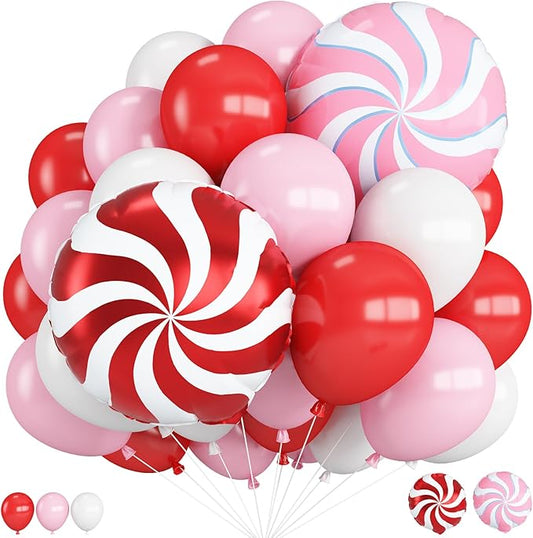 Red and Pink Christmas Balloons Kit, 12Inch Light Pink and White Red Balloons with Large Lollipop Helium Mylar Foil Balloons for Girls Women Holiday Birthday New Year Valentines Party Decorations