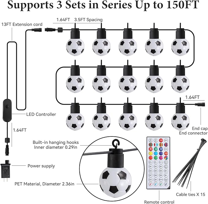 2026 World Cup 50 FT Smart Outdoor String Lights Waterproof, Patio Lights Outdoor Waterproof with 15 RGBW LED Bulbs, 16 Million Colors with App & Remote Control