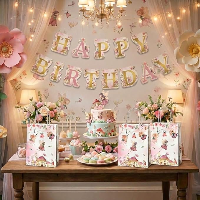 24 Pcs Fairy Party Favor Bags with Handles, Woodland Mushroom Goodie Gift Candy Treat Paper Bags for Kids Girls Baby Shower Birthday Party