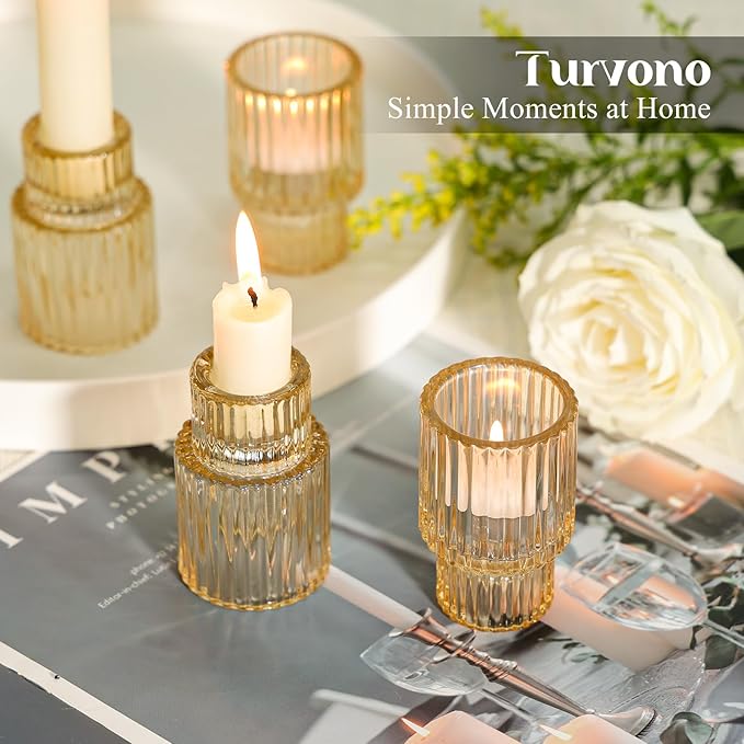 Amber Glass Taper Candle Holders Set of 12, Small Tapered Candlestick Holders in Bulk, Modern Short Candle Sticks for Dining Table Centerpiece Wedding Christmas Party & Holiday Decorations