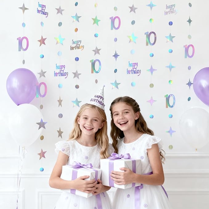GCQQ 10th Birthday Decorations - 46FT Iridescent 10 year old Circle Dot Twinkle Star Garland 10th Birthday Metallic Holographic Streamer Banner Backdrop for Girls Boys Teen Kids Birthday Party Decor