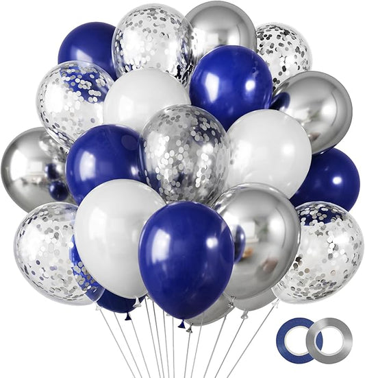 RUBFAC 65pcs Navy Blue Silver Balloons, 12 Inches Navy Blue White Metallic Silver Chrome Party Balloons with Ribbons for Birthday, Wedding, Graduation Cowboys Decorations