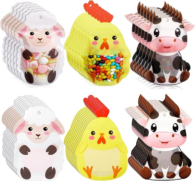 Resurhang 60 Pcs Farm Animal Party Zipper Treat Bags Farm Theme Food Goodie Gifts Bags Resealable Farmhouse Animals Barnyard Party Snack Candy Containers for Girls Kids Baby Shower Birthday Supplies