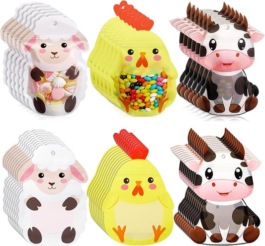 Resurhang 60 Pcs Farm Animal Party Zipper Treat Bags Farm Theme Food Goodie Gifts Bags Resealable Farmhouse Animals Barnyard Party Snack Candy Containers for Girls Kids Baby Shower Birthday Supplies