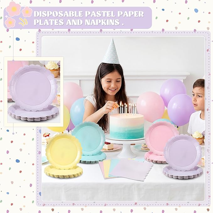 120 Pcs Pastel Paper Plates and Napkins Pastel Rainbow Party Supplies Bulk Disposable 7 Inch Scalloped Plates Cocktail Napkins for Colored Easter Wedding Bridal Baby Shower Birthday, Serve 60