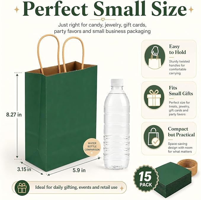 MAQIHAN 15 PCS Small Kraft Bags with Handles - Halloween Kraft Paper Bags Green Paper Craft Bag with Candy Festive Birthday Party Favor Shopping Small Business