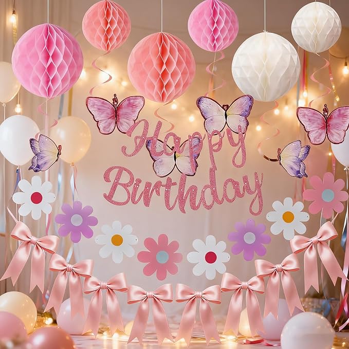 Pink Birthday Decorations Kit Happy Birthday Banner with Honeycomb Ball Butterfly Hanging Swirl Streamer Flower Garland Pink Bow Garland Banner Decoration for Women Men Boys Girls