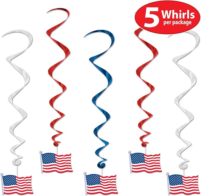 Beistle 5 Piece American Flag Whirls, 3’ Long Hanging Patriotic Stars and Stripes Decorations, Red, White & Blue Party Supplies, Fourth of July, Memorial Day & Festive Themed USA Holiday Decor