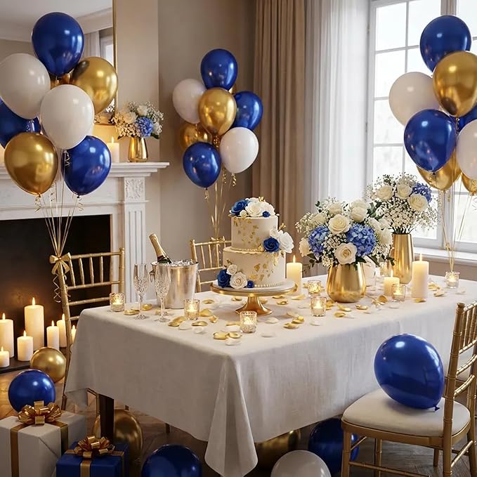 Hiquaty Blue and Gold Balloons,60pcs Royal Blue Balloons,12 Inch Blue and White Balloons with Blue Ribbon for New Year Party Wedding Bridal Shower Decorations