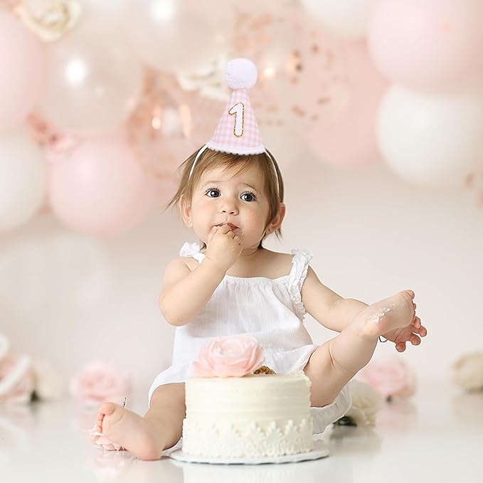 Pink Gingham Style 1st Birthday Hat - 1st Birthday Party Hat for girls, Baby girl 1st Birthday Decoration, Princess First Birthday Crown, Pink and Gold 1st Birthday Decor