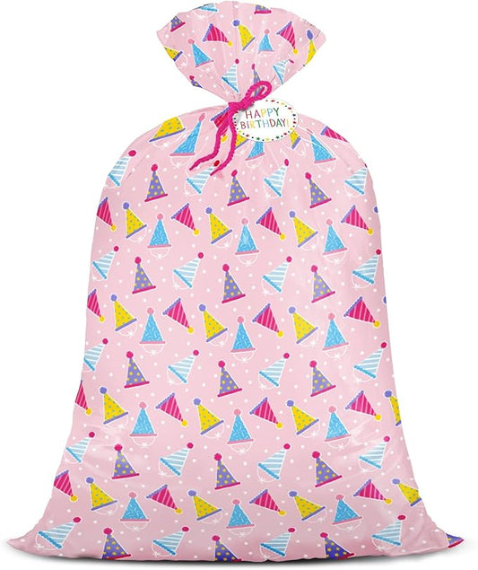 WRAPAHOLIC 56" Extra Large Birthday Plastic Gift Bag - Pink Party Hat Jumbo Bike Bag Gift Wrap for Women Girls Birthday, Baby Shower, Wedding, Bridal Shower - 56" H x 36" W