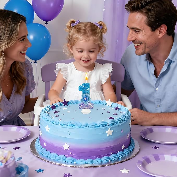 Blue Purple Flower Birthday Number Candles, Flower Theme Party Decorations, Cupcake Decorations, Suitable for Party Celebrations, Boys and Girls Birthday Decorations（1）