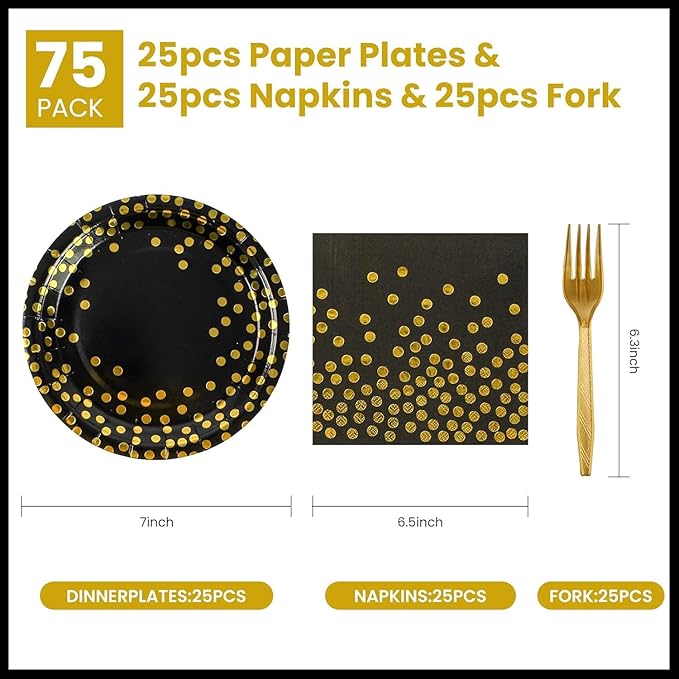 ï»?5PCS Black and Gold Paper Plates and Napkins Party Supplies, Disposable Black Gold Dessert Plates Black Napkins Tableware Dinnerware Set for Birthday Graduation Retirement Weddings Party Decorations