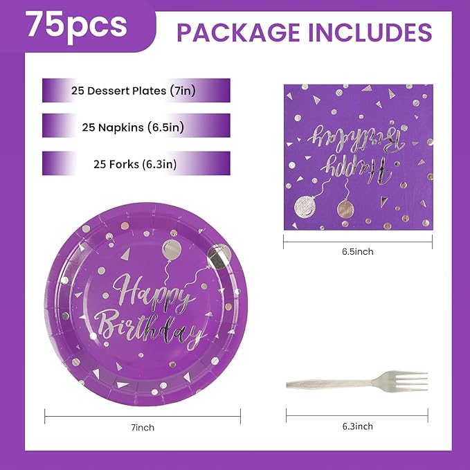 75PCS Happy Birthday Paper Plates and Napkins Set-Disposable Purple and Sliver 7IN Party Dessert Plates 6.5IN Napkins Gold Forks Tableware Set for Birthday Wedding Graduation Party Decoration Serve 25