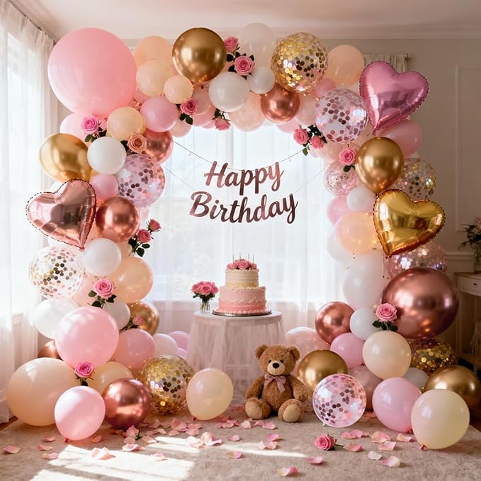 Rose Gold Pink Balloon Arch Kit,Light Pink Nude White Metallic Gold Balloons Garland Rose Gold and Gold Confetti Balloons with Heart Balloon for Wedding Bridal Shower Birthday Party Decorations