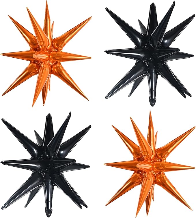 TONIFUL 4Pcs 22 Inch 4D Huge Star Balloons,Explosion Star Mylar Foil Balloons for 2026 Graduation Party Supplies Halloween Backdrop,Christmas,New Year,Birthday Photo Booth Ornament (Black Orange)
