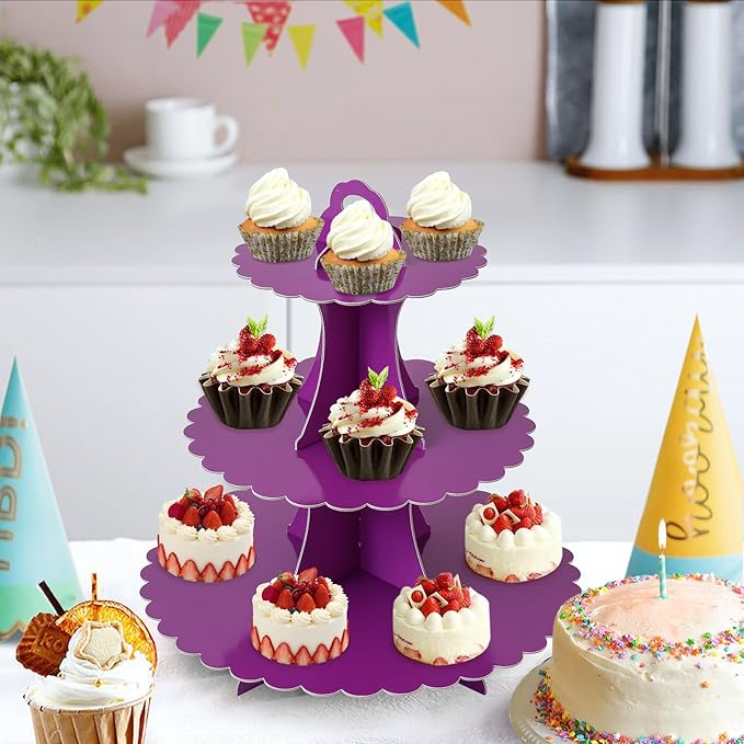 Soleebee 3-Tier Cupcake Stand, Cardboard Cupcake Tower, Dessert Cup Cake Stand Tower for Birthday Wedding Party Decoration, Cupcake Tier Stand 1 Set (Purple)