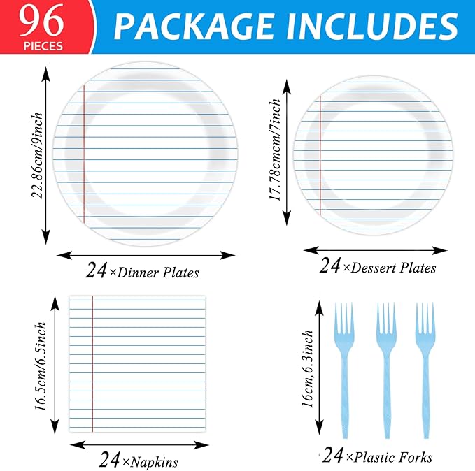 96Pcs Back to School Party Decorations Paper Handwriting Notebook Tableware First Day of School Plates Napkins Graduate Party Supplies for Kindergarten Teacher School Season Supply Serves 24 Guests