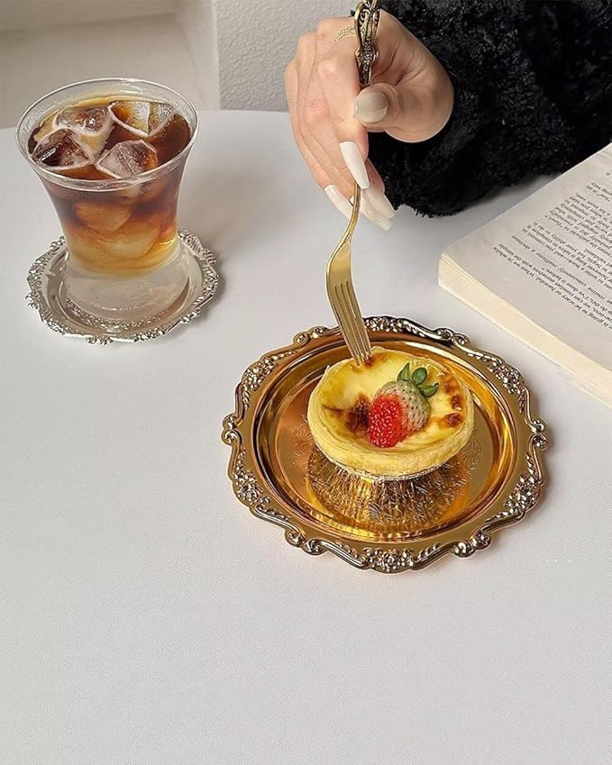 2PCS Coffee Table Tray 5.9in Round Decorative Tray Vintage Metal Dessert Plates for Snacks Fruit Silver