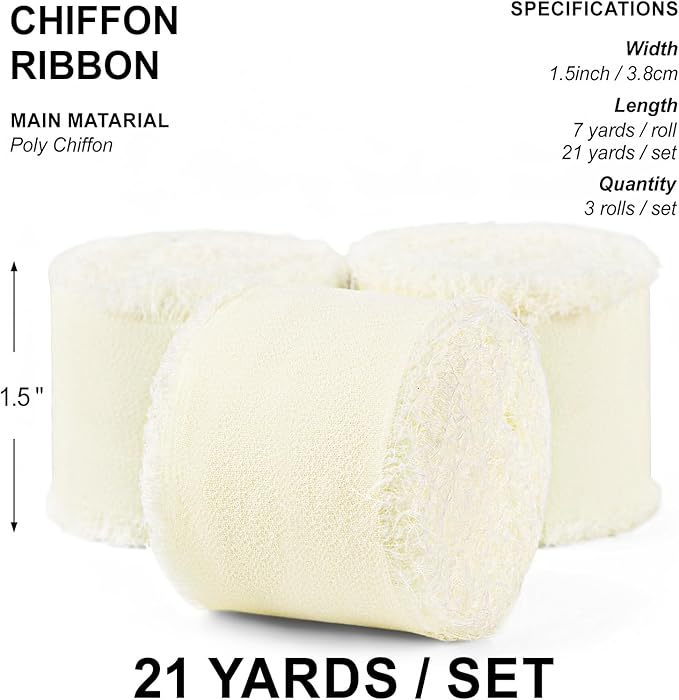 Ivory Chiffon Ribbon 1.5" x 21 Yd Handmade Fringe Silk Chiffon Fabric Ribbon for Gift Wrapping Wedding Invitation Bridal Flower Bouquet DIY Crafts Home Decor