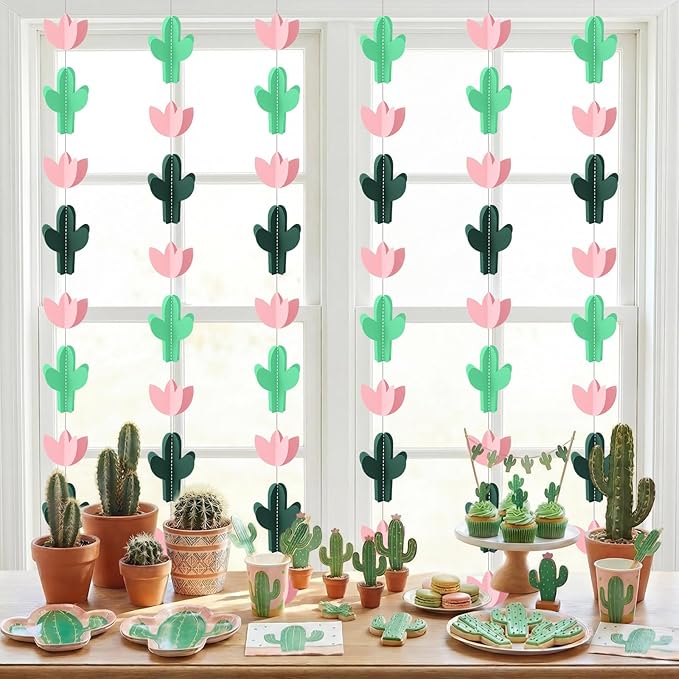 Funrous 6 Pcs Cactus Garlands Banner - 3D Cactus Party Decorations Fiesta Mexican Themed Paper Streamers Desert Plant Hanging Ornaments Backdrop for Cinco De Mayo Supplies Succulents Birthday Decor