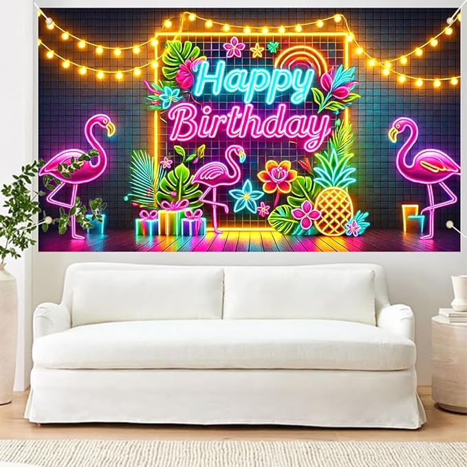 71x43 Inch Birthday Party Banner with Neon Happy Birthday Flamingos Tropical Flowers Pineapple Indoor Outdoor Wall Door Porch Decoration Backdrop Photo Prop