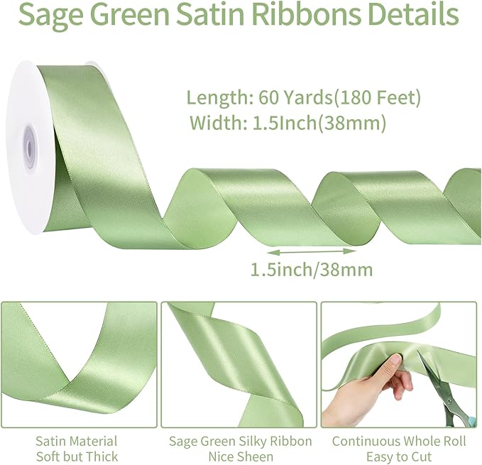 woric Sage Green Ribbon 1 1/2 Inch 60 Yards Light Green Satin Ribbon for Graduation Leis Mothers Day Gift Bags Baskets Wedding Decor Baby Shower DIY Crafts Flower Bouquet
