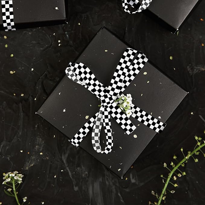3 Rolls 15 Yards Racing Car Theme Printed Ribbon Black White Checkered Ribbon for Crafts Buffalo Plaid Wrapping Ribbon for Wreath Sports Team Racing Car Party Home Decoration