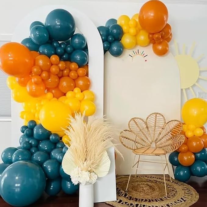 HILAVO Retro Blue Yellow and Orange Balloons, 60PCS 12 Inch Slate Blue Burnt Orange Mustard Yellow Balloons for Here Comes the Son Baby Shower Kids Birthday Party Boho Party Decorations
