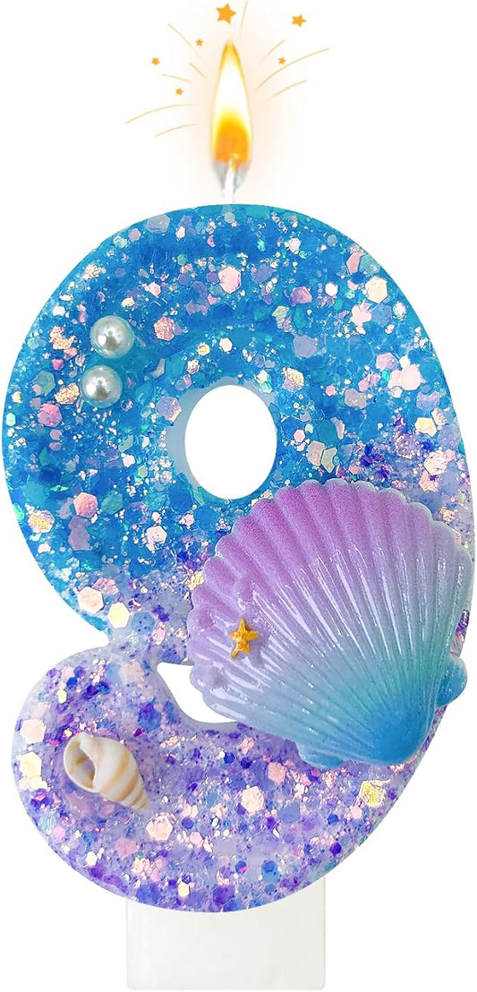 Blue and Purple Birthday Candles, 9th Birthday Cake Decoration, Cupcake Candles，Suitable for Mermaid Theme Party Cake Decoration (9) (Number 9)